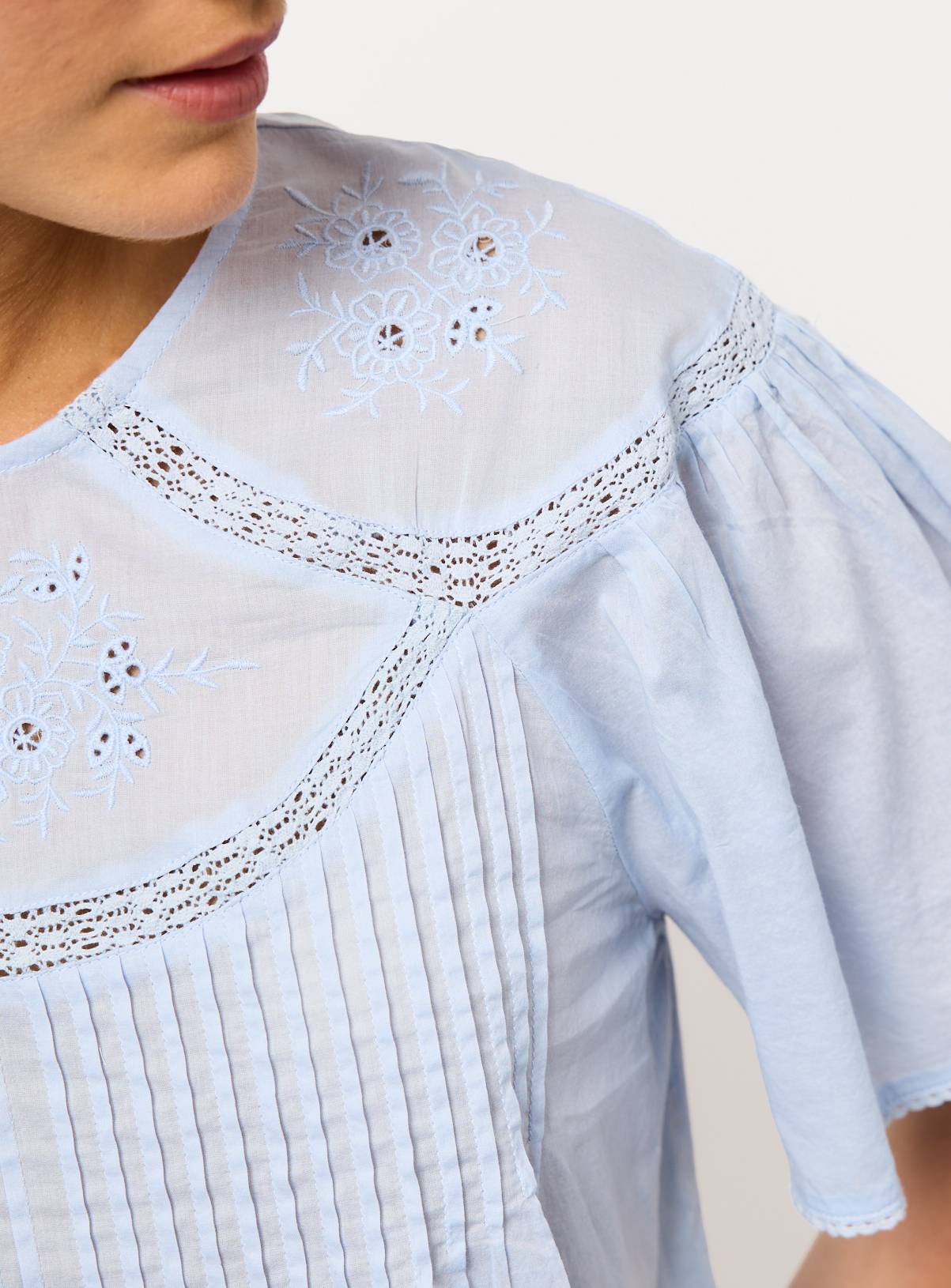 Light Blue Mesh Pintuck Short Sleeve Blouse 16 - Image 3